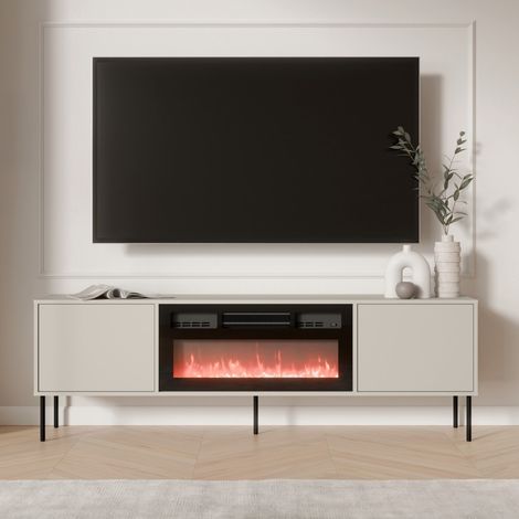 Mobile Porta tv Silvi, un Ripiano, 2 Ante, Caminetto Incluso, 180x40x60h cm Beige (1/4)