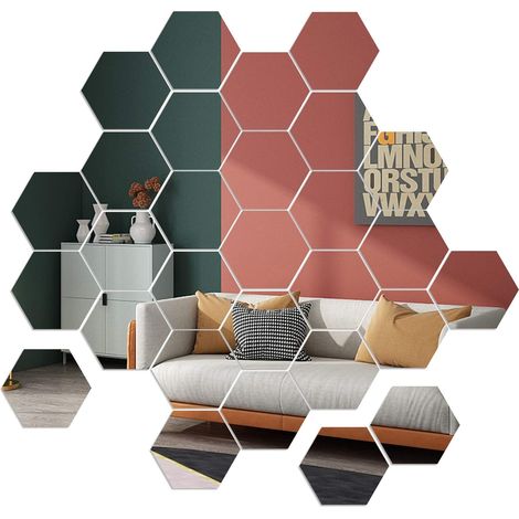 Autocollants Miroir Mural - Carreaux Acrylique Hexagonaux Adhésifs - Décoration Murale pour Salon Chambre Cuisine Bureau - Lot de 36 Pièces - 12,6 x 12,3 cm - Épaisseur 0,1 cm (1/5)