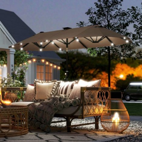 Parasol, éclairage LED, 292 x 150 cm, pour maison et usage quotidien, manivelle, fonction de courbe kaki, format pratique