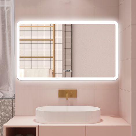 AICA 160 x 80 cm Specchio da bagno con LED,Rettangolo,Disappannamento,Touch,Memoria,Dimmerabile,Retroilluminato,Tre colori,Orologio (1/5)