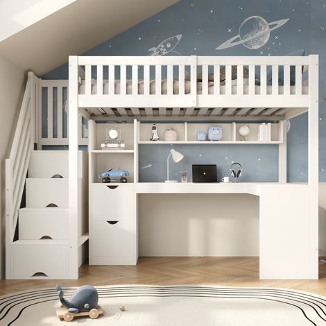 Letto a soppalco per bambini 90x200 cm con scrivania angolare, scaletta contenitore e cassetti, in legno bianco (1/5)