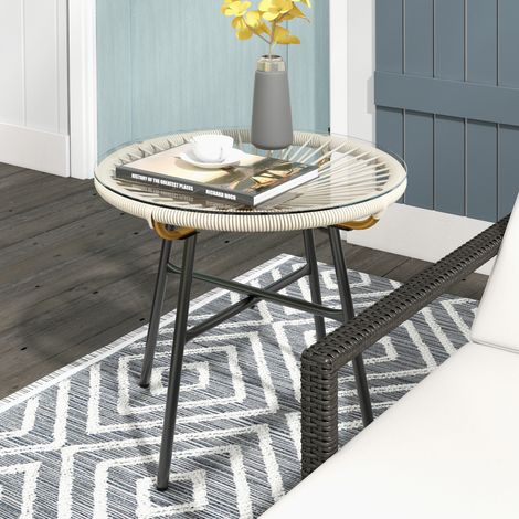 Table d'appoint ronde en rotin synthétique pour extérieur, plateau en verre trempé Ø50x50 cm, couleur crème