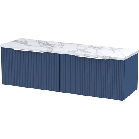 Tixall Fluted 2 Drawer Wall Hung Vanity Unit with Laminate Worktop, Satin Blue, 1200mm