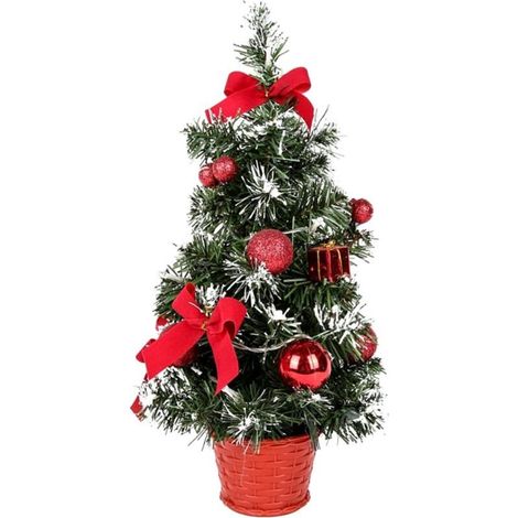 Artificial Christmas Tree with Lights, 40cm Small Tabletop Christmas Tree with LED Lights with Bow and Pine Cone for Christmas Table Decorations (Red) (1/5)