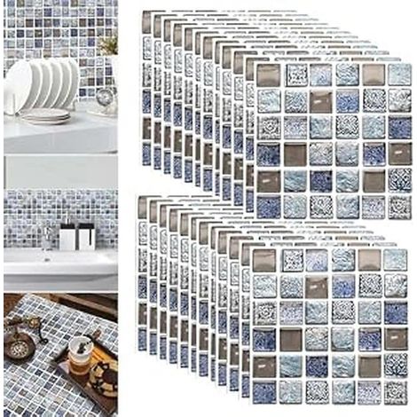 Autocollant Carreau,24 Pièces Autocollant en Tuile Imperméable Auto-Adhésif Autocollant pour Cuisine Salon Salle de Bains Décor À Maison,20×20cm (Bleu) (1/5)