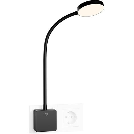 Lampe Applique Murale de Chevet Chambre Lecture LED avec Prise de Courant pour Lire la Nuit, 4W 350Lm, 3X Luminosité Tactile Dimmable, 3000K-4000K-5000K, Lampe Flexible Noire (1/5)