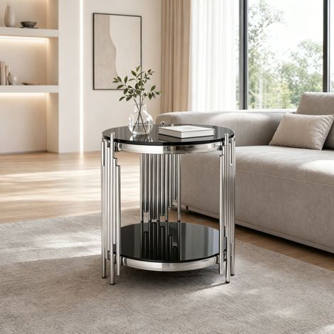 Table appoint ronde 45cm – Noir – Cadre inox argenté – Verre 6mm – Canapé/Balcon/Chambre – Facile montage/nettoyage (1/5)
