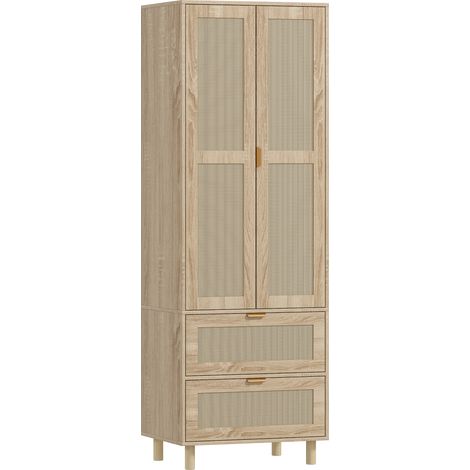 Armoire chambre penderie - 63 x 47 x 185 cm, bois naturel - 2 portes en rotin, 2 tiroirs et barre de suspension - Design bohème (1/5)
