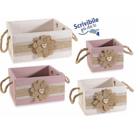 Cagettes en bois 2 couleurs avec fleur et poignées en corde, lot de 4, grande : 23 x 23 x H. 10,5 cm