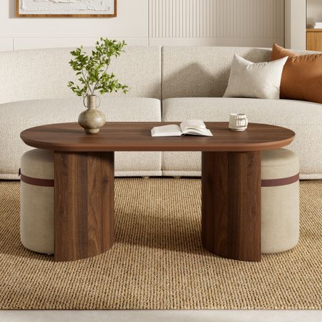 Table Basse Ovale Ensemble avec 2 Tabourets, MDF et Pin Coloris Noyer, Meuble Salon Moderne 108 x 50 x 44 cm (1/5)