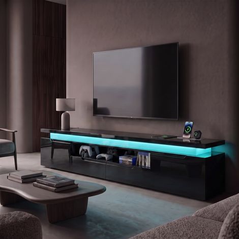 Meuble TV noir brillant – Éclairage LED – prises EU + USB + Type‑C – 2 tiroirs + 2 armoires (1/5)