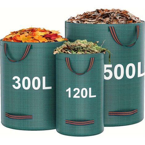 Ensemble de 3 sacs poubelles de jardin réutilisables : sacs pour mauvaises herbes, brindilles et feuilles (500L + 300L + 120L) (1/4)