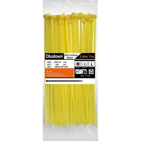 Kabelbinder 200mm x 3,6mm Gelb 100 Stück UV-Beständig 18,2kg Zugfestigkeit Nylon (1/5)