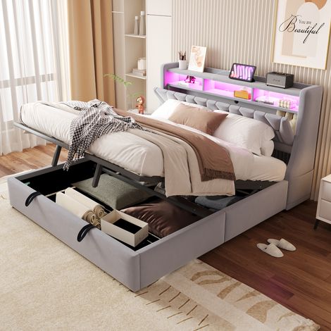 Lit coffre hydraulique 180x200 cm gris clair en velours, lit double LED appli avec tête rangement, prises USB Type-C, sommier lattes (1/5)