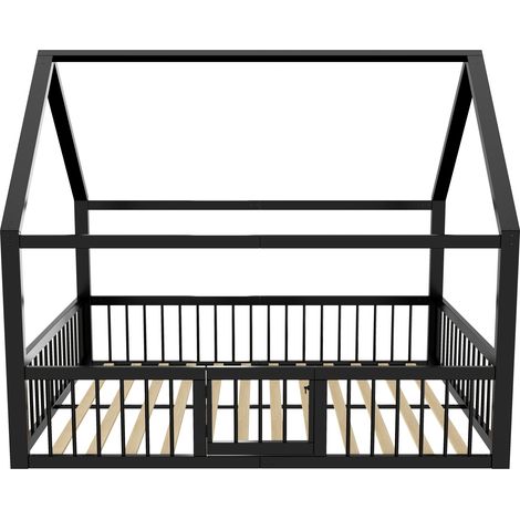 Cama casita de metal 140 x 200 cm con barandillas y cancela negra MODENUIT (1/5)