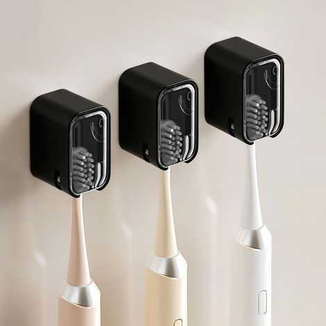 Lot de 3 Supports de Brosse à Dents muraux pour Salle de Bain, Support de Brosse à Dents Autocollant Solide avec Couvercle, Organiseur de têtes de Brosse à Dents pour la Famille, Noir (1/5)