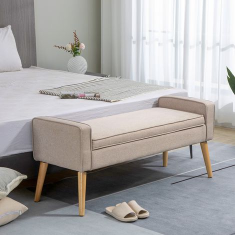Baúl de Almacenaje Tapizado en Lino con Tapa Abatible y Patas de Madera para Dormitorio Salón 120x45x54 cm Beige (1/5)
