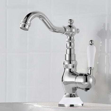 Robinet rétro en laiton français pour cuisine, salle de bain, meuble de lavabo, robinet anti-éclaboussures d'eau chaude et froide (argent) (1/5)