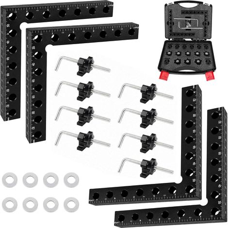 Pince à Angle Droit à 90 Degrés, Set de 4 Serre Joint Angle en Aluminium, 140 mm / 5,5 Pouces Presse d'Angle, Equerres de Positionnemen, Menuiserie Outillage avec Coffret de Transport, Noir (1/5)