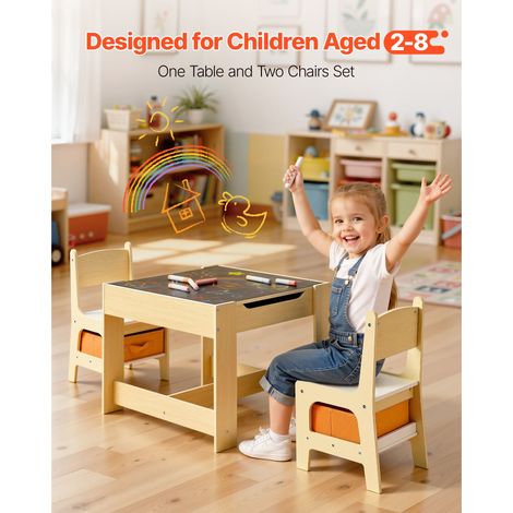Ensemble table enfant et 2 chaises, bureau bois pour bébé avec rangement sous table et bac tissu sous sièges, pour dessin, loisirs, lecture, école, chêne clair (1/5)