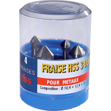 Coffret plast 4 fraises hss coniques 3 dents mm