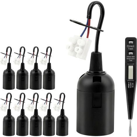10 Pièces Douille E27, Douille Ampoule, Rénovation Douille Chantier, Support d'Ampoule avec Câble, Bâtiment Base Lumière Suspension avec Testeur Phase, Rechange Bâtiment pour Travaux, Noir (1/5)