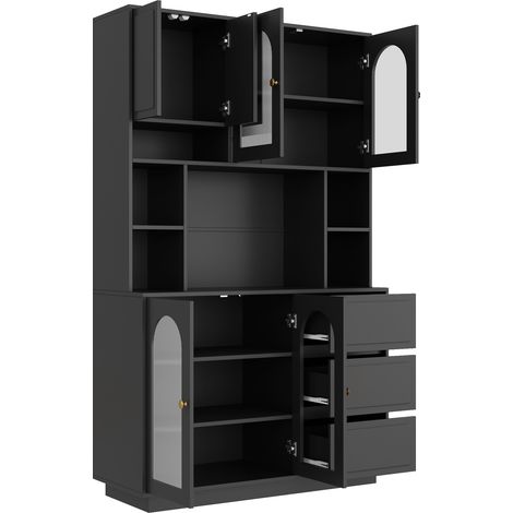 Credenza alta nera in MDF con ante in acrilico arcuate, LED APP e 3 cassetti (1/5)