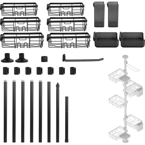 Étagère de Douche Télescopique Sans Perçage, Colonne de Rangement Sol-Plafond avec 6 Paniers Métalliques, Porte-Savons et Crochets, Organisateur d'Angle Salle de Bain, Noir (1/5)