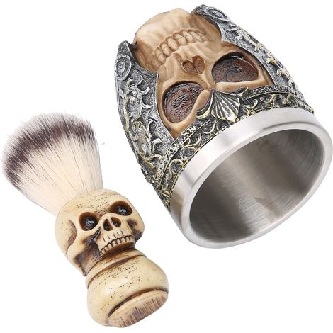 Ensemble Rasage Barbier en Acier Inoxydable avec Bol et Brosse à Tête de Mort pour Homme (1/5)