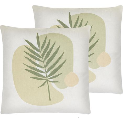 Conjunto de 2 cojines decorativos verde y beige patrón de hojas 45 x 45 cm fundas extraíbles cierre de cremallera estilo boho moderno Microsorum