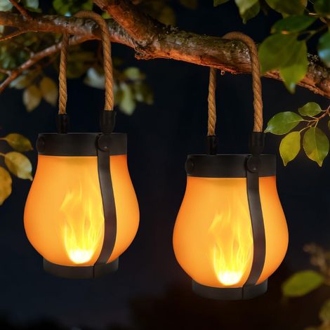Lanterne Solaire Flamme - 2 Pièces - ABS et Chanvre - Mode Dansant et Fixe - Extérieur Jardin Patio - Noir 13,5 cm (1/5)