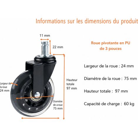 Roulette pivotante à tige 11x22 mm 3 pouces 75 mm PU gris semi-transparent 3 gris transparent 60 222 g – Livraison gratuite