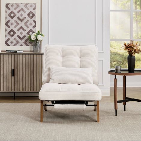 Poltrona lounge 127x73x90 cm beige in velluto a coste con schienale regolabile e cuscino lombare (1/5)