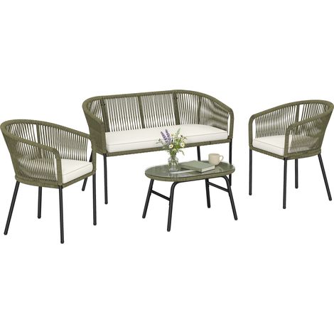 Salon de jardin extérieur 4 places : canapé 2 places, 2 fauteuils, table basse ronde en verre trempé, rotin synthétique PP crème
