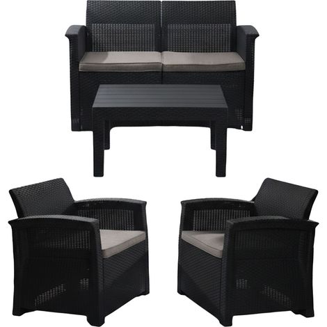 Relaxdays Gartenmöbel Set, 4-teilige Rattan Sitzgruppe, 4 Personen, Bank, Sessel & Tisch, Loungemöbel, outdoor, schwarz