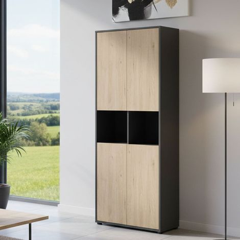 Dmora - Aparador Pierre, Bufé de salón, Aparador de salón, Despensa de cocina, 80x34 h205 cm, Roble y Gris (1/5)