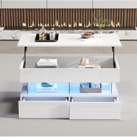 tavolo soggiorno 100x50x46 con rialzo e vani LED bianco OKMYHOME (1/5)