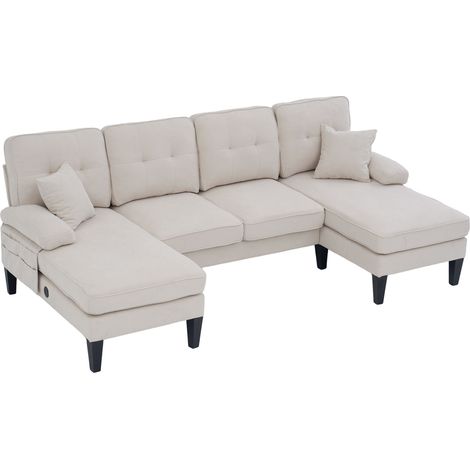 Canapé en U 4 places en tissu beige avec 2 méridiennes, poches latérales, ports USB/Type-C et assise moelleuse pour salon familial  CHICFURN (1/5)