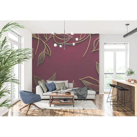 Papier Peint Feuillage - Branches Dorées sur Fond Pourpre - 400 x 260 cm (1/2)