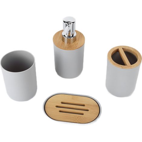 Ensemble de 4 accessoires de salle de bain en bambou imperméable et durable, comprenant un gobelet à brosse à dents et un porte-brosse à dents, idéal pour la maison ou l'hôtel (gris). (1/5)