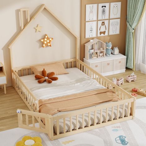 Kinderbett Hausbett aus Kiefernholz und MDF Natur 140x200 cm, mit Sicherheitsgitter und Lattenrost (1/5)