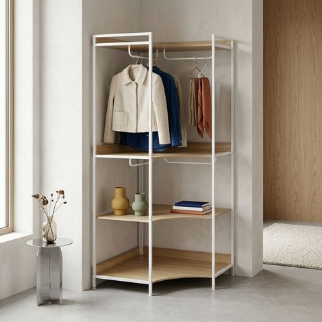 Sweeek – Dressing d'angle blanc 4 penderies – 2 étagères modulables – Panneaux stratifiés éco-responsables – L 80 x P 80 x H 190 cm (1/4)