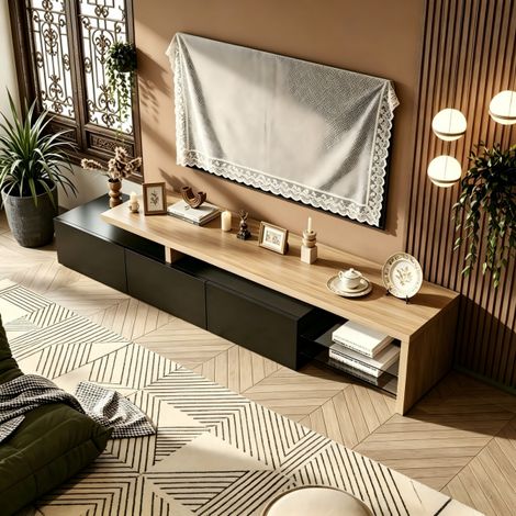 Meuble tv 200x39x42 cm , Meuble Télé avec 3 portes fermées, Console TV avec Réglable LED, Armoire bas tv, Table Télé, noir, pour Salon, Chambre, pour Télévision jusqu'à 65 Pouces (1/5)