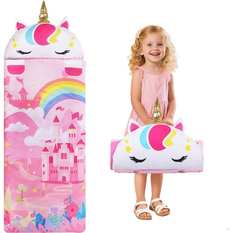 Sac de Couchage Enfant, Tapis de Sieste Pliable 150×60cm,Licornes roses (1/5)