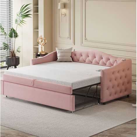Sofa cama 90x200 cm rosa tapizado lino con USB y somier de lamas (1/5)