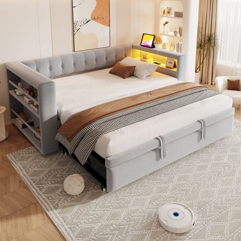 Divano letto multifunzionale 90/180x190 cm con LED, prese, contenitore, flanella grigio chiaro (1/5)