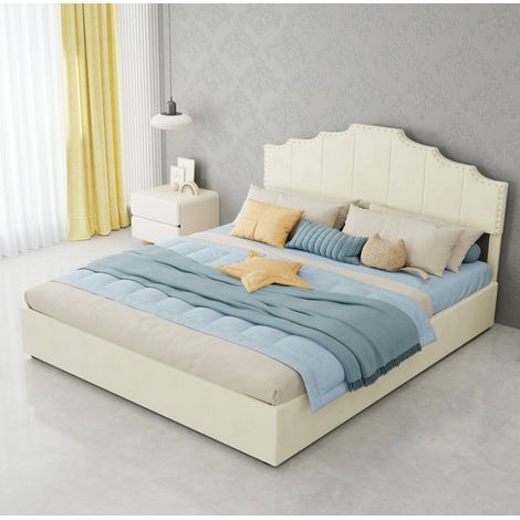 Bett mit Stauraum modern Stoff beige 160x200 cm mit geometrischem Kopfteil und Lattenrost, hydraulisch anhebbar (1/5)