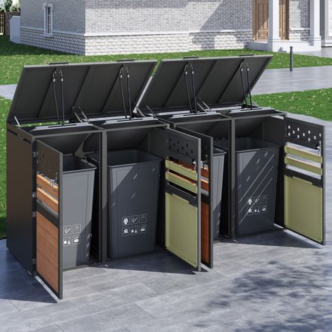 Cubrecontenedores de basura de acero galvanizado gris y efecto madera, 4 compartimentos, tapa abatible hidráulica y puertas con cerradura (1/5)