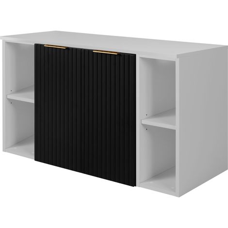Furnidea - Meuble sous vasque suspendu FLOW NOIR 100 cm avec 2 x l'étagères - extensions et plan BLANC - 2 portes - façades rainurées (1/5)
