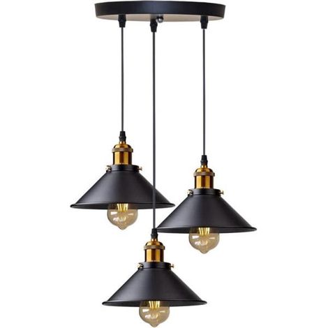 3 lampes à suspension rétro industrielles, lampe de poche Design Edison en métal, luminaire décoratif avec plaque circulaire, Ø 22 cm, noir